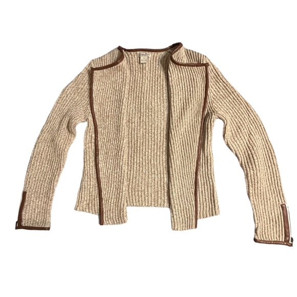 NWOT Lucky Brand Open Faux Leather Edged Sweater, Browns |M - Picture 5 of 15